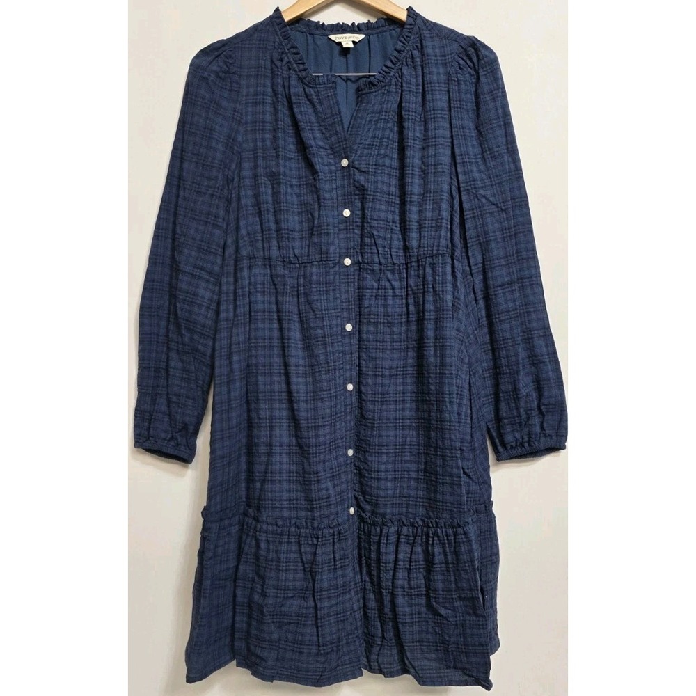 Frye And Co Blue Plaid Long Sleeve Smocked Tiered Dress Cottage Core Womans Sz M
